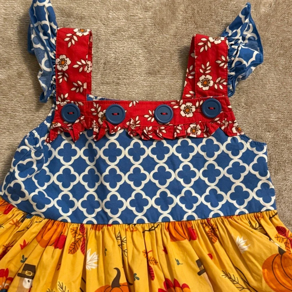 Eleanor Rose Girls Thanksgiving Turkey Pumpkin Dress Size 4 Mixed Print Harvest